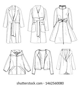 fondo blanco, conjunto, colección de un boceto de abrigos femeninos de moda