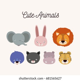 white background with set color face cute animals vector illustration