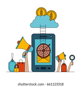 white background set colorful smartphone with stairs to cloud storage money security vector illustration