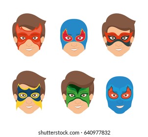 white background set face super hero men with mask vector illustration