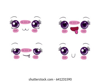 white background set for four different facial expression kawaii vector illustration