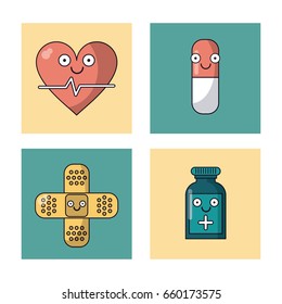 white background with set of frames with heart pulse and pill and ban aid and medicine bottle