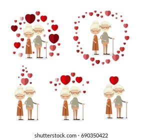 white background set full body elderly couple inlove grandparents with hearts floating around vector illustration