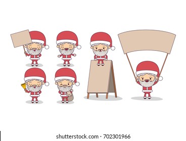 white background of set full body cute caricature of santa claus with placard wooden vector illustration