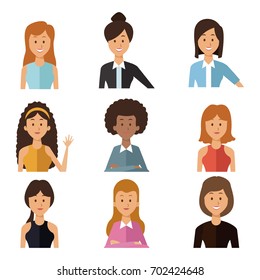 white background with set half body group people women