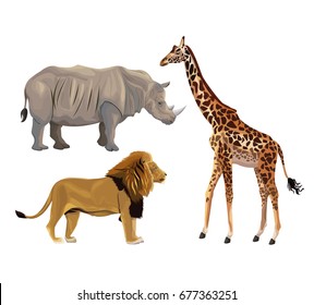 white background with set realistic colorful wild african animals