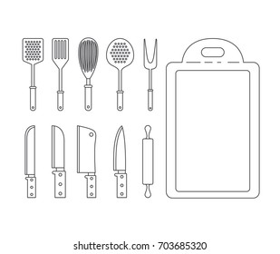 white background with set silhouette group of kitchen utensils knifes and cutting board vector illustration