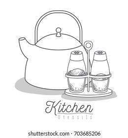 white background with set silhouette teapot and container spices vector illustration