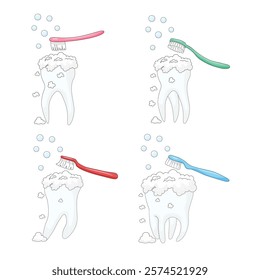 white background, set of teeth, personal hygiene procedure for cleaning the surface of the teeth from food debris and soft plaque, performed with a toothbrush and toothpaste