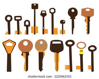 white background, set of vintage keys