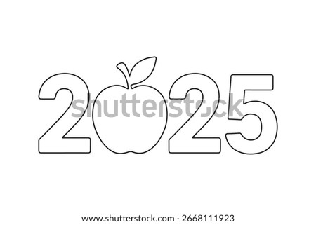A white background shows the outline of the year twenty twenty five with an apple in place of the zero. This simple design is clean and modern. It is isolated.