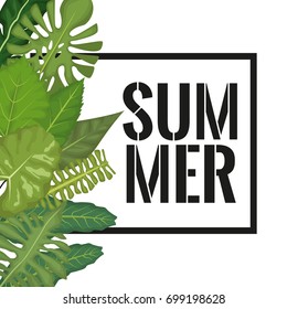 white background with side left border decorative green leaves and rectangular frame with summer text