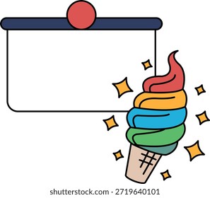 Un fondo blanco con un cartel que dice "Helado" y una imagen de un cono de helado