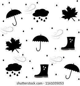 white background with silhouette. autumn. elements of autumn. boot. umbrella. wind. cloud. rain. Maple Leaf.