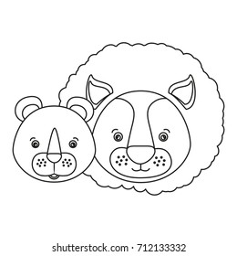 white background with silhouette caricature face couple cute lion and lioness animals vector illustration