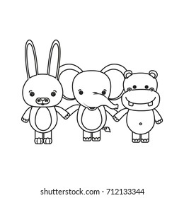 white background with silhouette caricature rabbit elephant and hippopotamus cute animals holding hands vector illustration