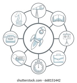 white background with silhouette color sections shading of rocket start up connected to icons business development