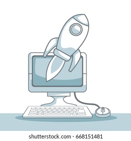 white background with silhouette color sections shading of desk compuer with rocket business development