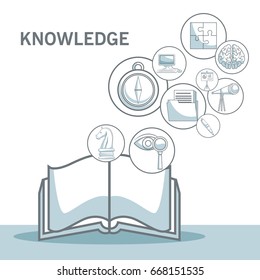 white background with silhouette color sections shading of open book with floating icons knowledge
