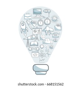 white background with silhouette color sections shading of light bulb shape solution with icons business development inside