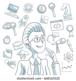 white background with silhouette color sections shading of executive man and icons business development