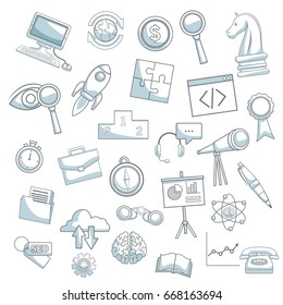 white background with silhouette color sections shading of icons business development