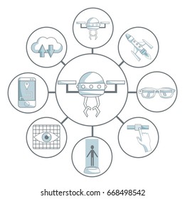 white background with silhouette color sections shading of drone in center connected of set elements futuristic in circular frame
