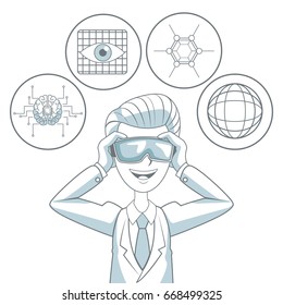 white background with silhouette color sections shading of man with virtual reality glasses and icon elements futuristic