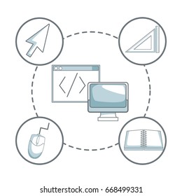 white background with silhouette color sections shading of display computer and window with icons graphic design around