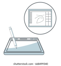 white background with silhouette color sections shading of digitizer with pen and icon window program design