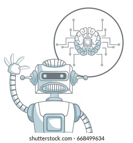 white background with silhouette color sections shading of closeup robot and icon brain with circuits