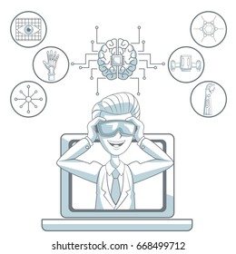 white background with silhouette color sections shading of man with virtual reality glasses leaving the laptop and icon elements futuristic