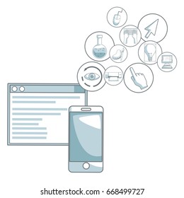 white background with silhouette color sections shading of mobile phone and window program with floating icons graphic design