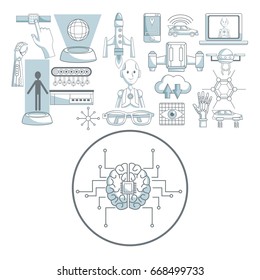 white background with silhouette color sections shading of circular frame brain with circuits and set icons tech futuristic objects in top