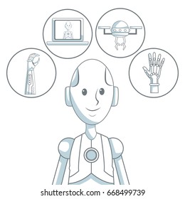 white background with silhouette color sections shading of body robot and elements futuristic