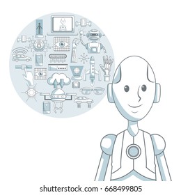 white background with silhouette color sections shading of closeup robot and set elements futuristic in circular frame