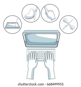 white background with silhouette color sections shading of human hands typing on desk computer with icons graphic design