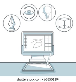white background with silhouette color sections shading of desk computer with icons graphic design