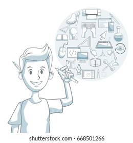 white background with silhouette color sections shading of guy designer with elements graphic design