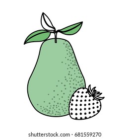 white background with silhouette color sections of pear and strawberry fruits vector illustration