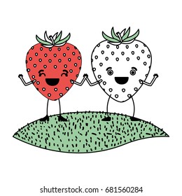 white background with silhouette color sections with pair of strawberry fruits caricature over grass vector illustration