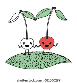 white background with silhouette color sections with pair of cherry fruits caricature over grass vector illustration