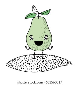 white background with silhouette color sections of pear fruit caricature over grass vector illustration