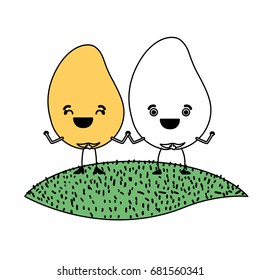 white background with silhouette color sections with pair of mango fruits caricature over grass vector illustration