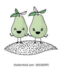 white background with silhouette color sections with pair of pear fruits caricature over grass vector illustration