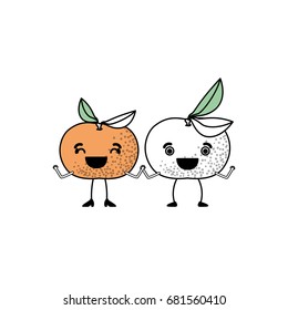 white background with silhouette color sections with pair of tangerine fruits caricature vector illustration