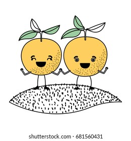 white background with silhouette color sections with pair of orange fruits caricature over grass vector illustration