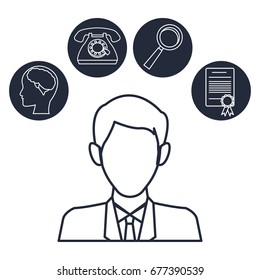 white background with silhouette half body executive man with icons creative business