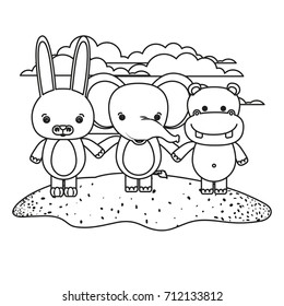 white background with silhouette scene rabbit elephant and hippopotamus cute animals holding hands in grass vector illustration