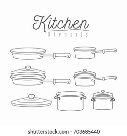 white background with silhouette set of kitchen pots and pans with lids kitchen utensils vector illustration